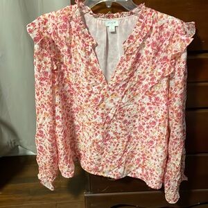 J. Crew L Pink Floral Ruffle Long Sleeve Blouse
